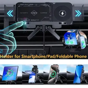 Smart Dual USB Car Phone Holder with Wireless Charger, 15w Fast Charging, Auto-Rotating Design, Compatible with Foldable Smartphones