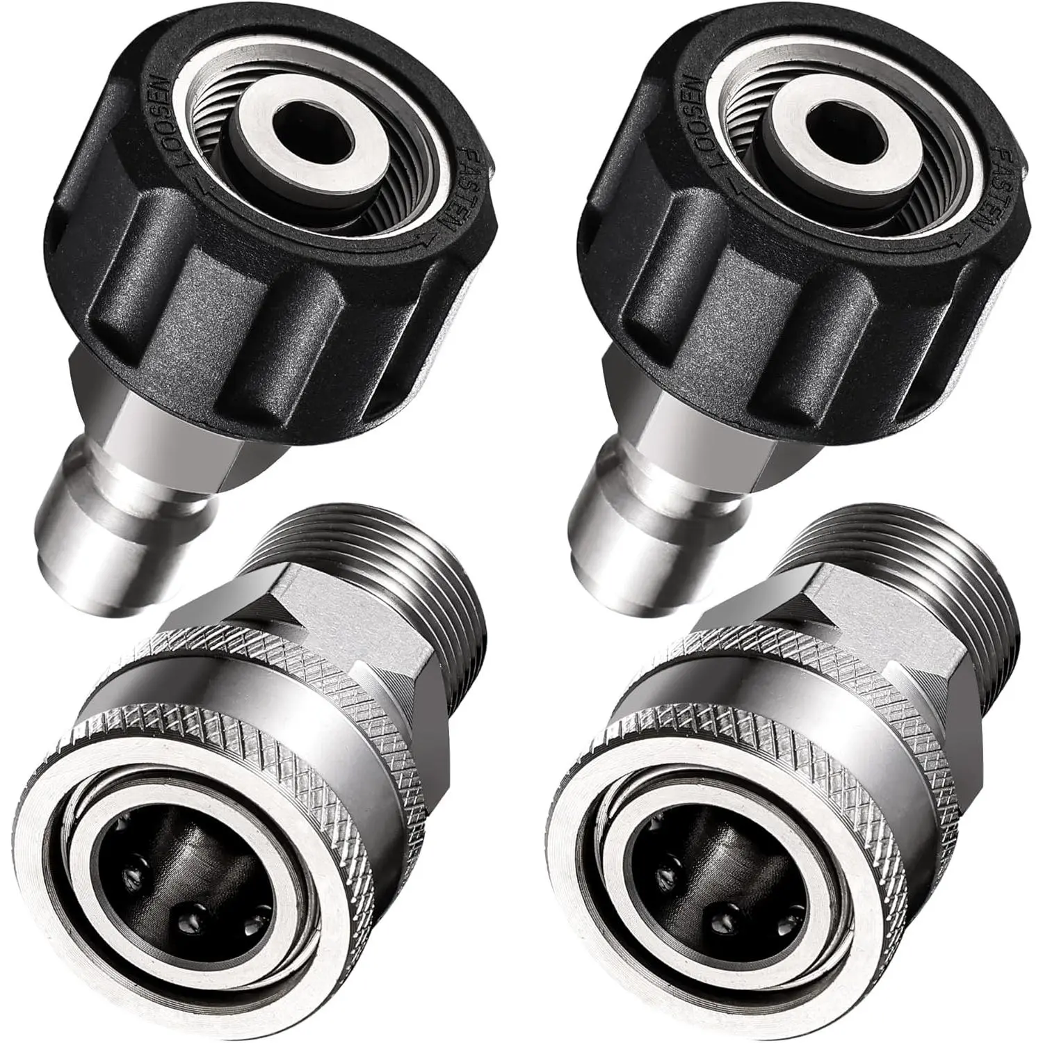 Power Washer Adapter Set (4 Pack Stainless Steel Quick Connect Disconnect Kits) - 2 Packs Metric M22-14 Female to 3/8'' Plug, 3/8'' Socket to M22-14mm Male, 5000 PSI, 300 °F Compatibility, Quick Connects