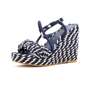 Pre-owned Valentino Garavani Women's Rockstud Torchon Espadrille Wedge Sandals Leather and Cord by Rebag