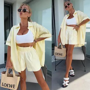 Women's 2 Piece Summer Outfit - Oversized Button Down Shirt + High Waist Shorts Casual Loungewear Beach Vacation Set