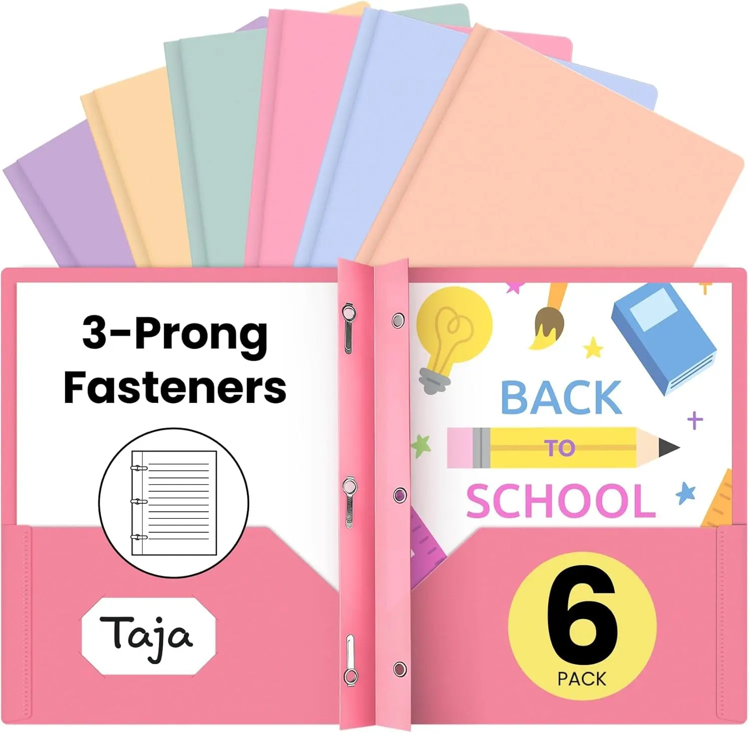 Plastic Folders with Pockets and Prongs (6 Pack, Pastel Colors), 2-Pocket Poly Folders with 3 Hole Punch and Business Card Slot, Fits Letter Size Paper, for School, Office, or Home Use