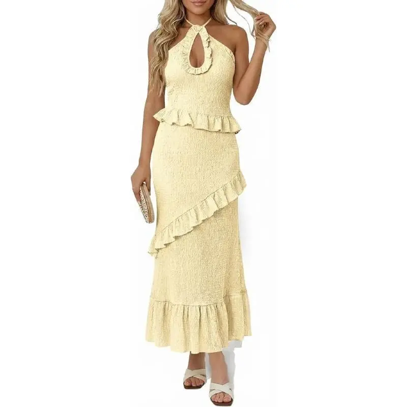 Women's Bohemian Halter Maxi Dress, Flowy Backless Resort Wear with Cutouts and Ruffle Tassels, Party, Halter Neck, Bohemian Style, Hippie Style, Open Back, Cutout Detail, Casual, Long Length, Maxi Length, Flowing Fit, Sleeveless, Ruffled Tassels, Nightcl