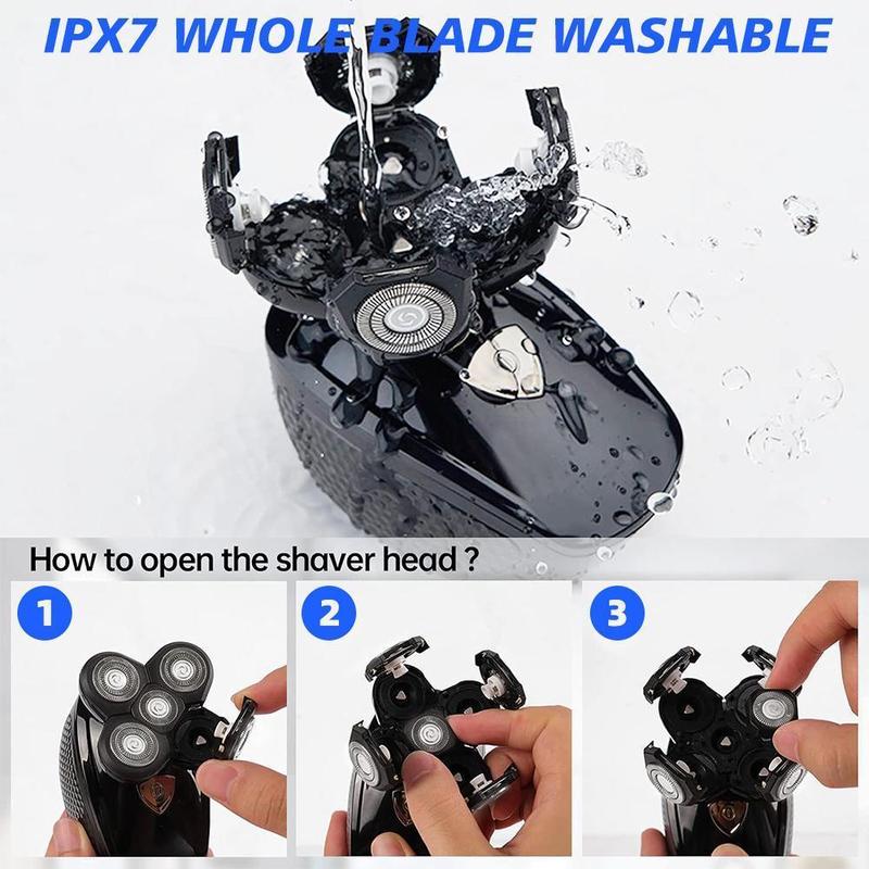 Rechargeable Bald Head Hair Beard Trimmer Razor Wet Dry, 5 in1 Head Shavers for Bald Men, Detachable Cordless Shaver, 5D Electric Razor Waterproof for Bald Men, Wet/Dry LED Display Rechargeable Rotary Shaver Grooming Kit,