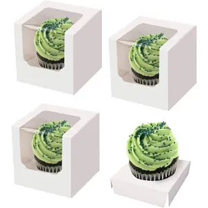 25 Pack Cupcake Boxes White Paper Containers with Transparent Window Built-in Dividers Foldable 3.5"x3.5"x3.5" Cake Holders for Wedding and Party Favors