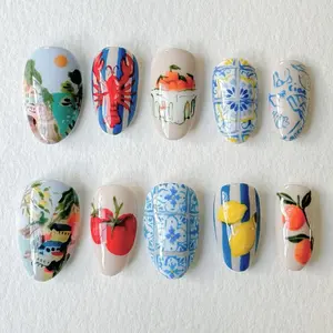 S86 Amalfi Summer Press-On Nails, 3D Citrus Fruits & Lobster Art, Handpainted Tile Motifs & Coastal Scenery, Custom Press-On Nail, Solana Nails Town