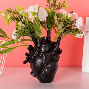 Black Anatomical Heart Vase Resin Flower Pot Desktop Ornament Heart Shaped Vases for Flowers Heart Sculptures Home Decor, 4.3x6 Inch