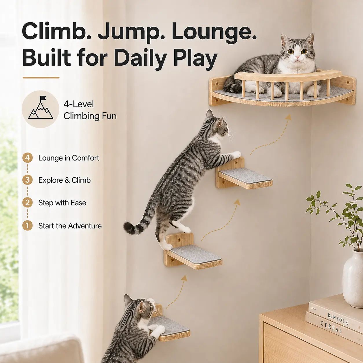 Wall Mounted Cat Shelf Set, Solid Wood Cat Wall Furniture with Corner Cat Bed, 3 Climbing Steps, 6 Felt Pads, Indoor Cat Perch for Climbing, Lounging & Play, Supports Up to 20 lb