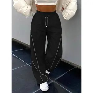 Women's Contrast Binding Drawstring Waist Pants, Street Fashion Casual Pocket Trousers for Daily Wear, Ladies Bottoms for All Seasons
