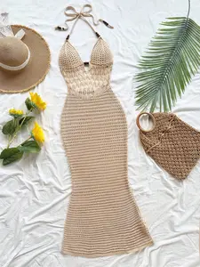 Summer Hollow Knit Dress For Women 2026 New Halter Neck Beach Cover Up Slim Fit Crochet Maxi Dress Casual Vacation Sundress For Beach Party Clubwear