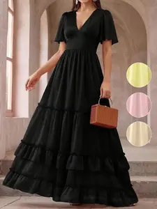 Spring Summer Dress, Cake Skirt V Neck Ruffle Long Dress, French Gentle Style, Beach Vacation, Wedding Bridesmaid Dress