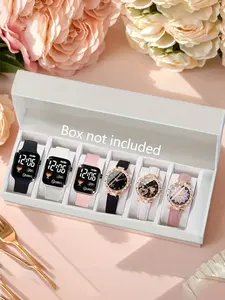 A set of 6 women's leather strap quartz watches Casual Trendy Wristwatch with waterproof LED display and electronic smart fitness sports watch
