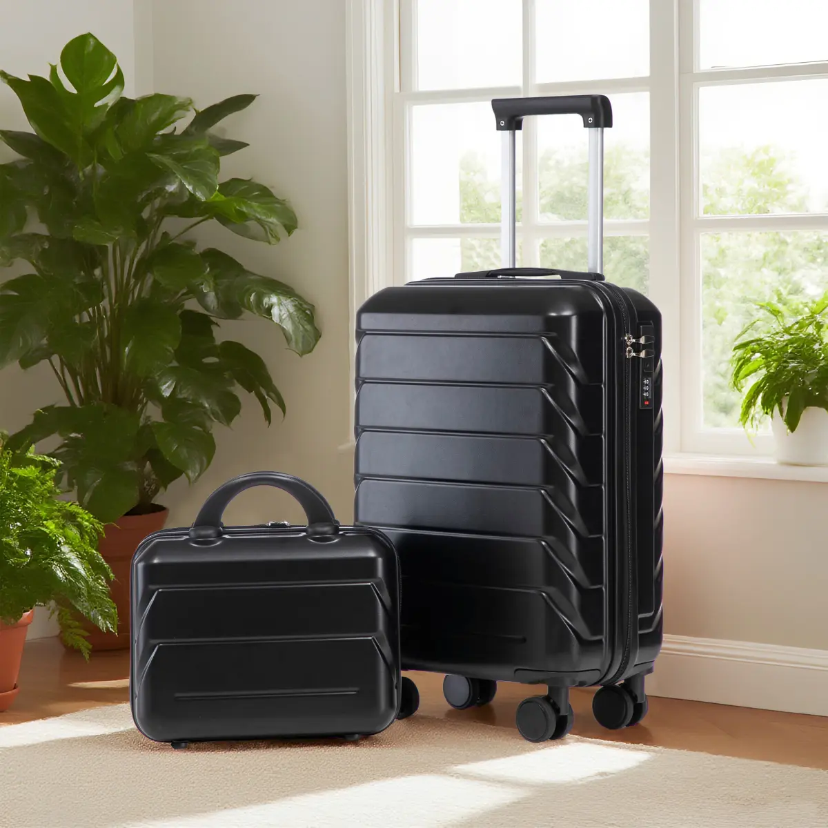 2 Piece Luggage Set, 20" Carry On Luggage with Spinner Wheels, ABS Hardshell Suitcase with 14" Cosmetic Case, Combination Lock (Black)