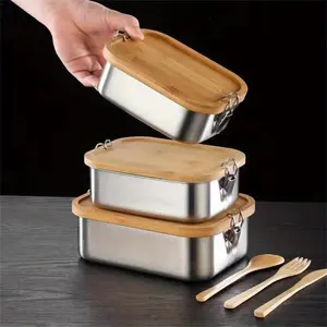Stainless Steel Lunch Box with Bamboo Lid, 1 Count Leak-proof Food Container with Spoon & Fork, Portable Bento Box for School, Work, Travel, Leakproof Lunch Box