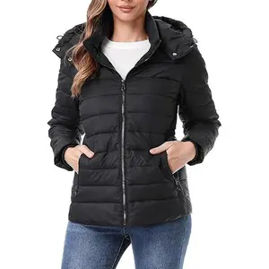 Women's Winter Lightweight Waterproof Puffer Jacket - Quilted Short Down Coat with Detachable Hood for Warm Stylish Outfits
