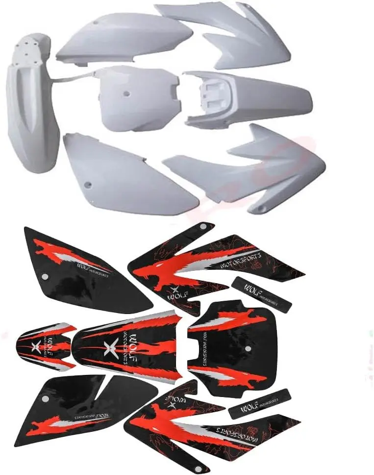 CRF70 White Plastic Fender Fairing Body Work Set, Plastics Fairing Kit with Graphics for CRF70 Chinese Mini Dirt Pit Bike 70cc 90cc 110cc 125cc 150cc 140cc 160cc 200cc Taotao DB17