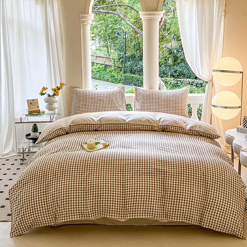 Blue White Plaid 4 Piece Bedding Set Soft Microfiber Duvet Cover Sheet Set Minimalist Checkered Bed Linen for Dorm Bedroom