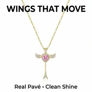 14K Gold Plated Angel Initial Necklace – Heart Zirconia with Movable Wings, Personalized A–Z Letter Pendant Jewelry for Women