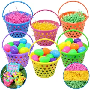 6 Pieces Easter Plastic Baskets with Handle, Easter Eggs Hunt Bucket Bags Filled with 55g Tricolors Grass for Garden Party Favors, Decorations, Goody Basket Fillers Stuffers Toy(9x 7.4)