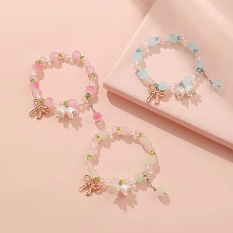 Beaded Bracelet Set - 3-Piece Dainty Floral Plastic Charm Bracelets for Women, Flower Wind Chime Accents, Soft Soothing Jingle, Elastic Adjustable Stackable Casual Arm Candy, Daily Wear Friend Gift