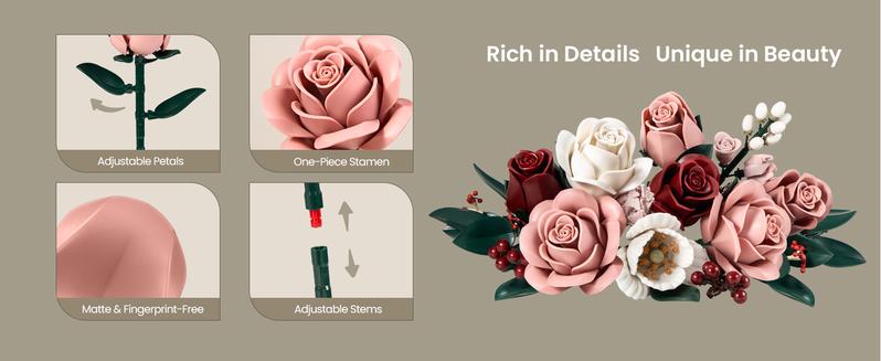 Supreowls Pink Rose Flower Bouquet Building Set, Elegant Botanical Blocks Kit for Adults & Women, Romantic Artificial Flowers for Home Decor, Valentine’s Day & Christmas & Anniversary Gift