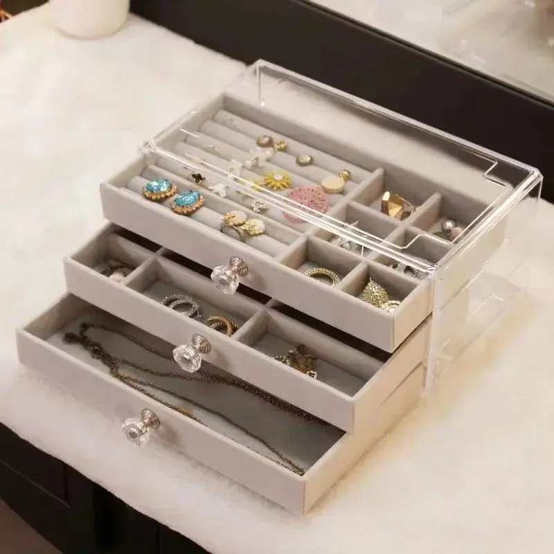 Velvet Acrylic Jewelry Organizer With 3 Drawers Stackable Display For Women