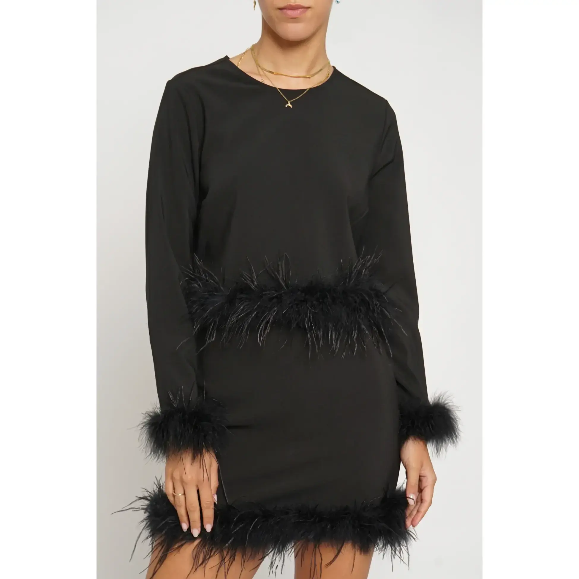 Women's Long-Sleeve Top with Feather Trim Sleeve Openings - GST2703S