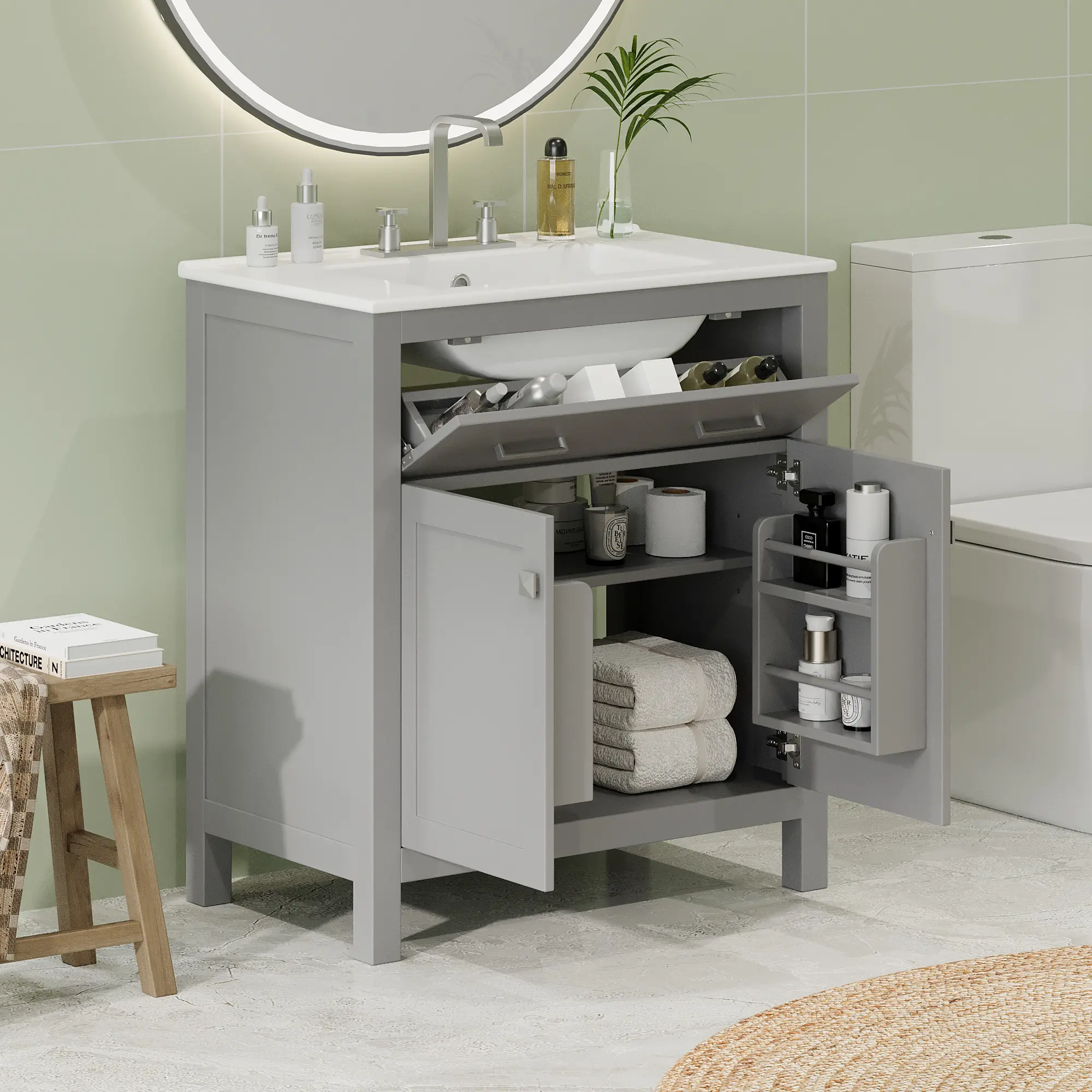30" W x 18.3" D x 33.59" H Modern Gray Free-Standing Bathroom Vanity with Ceramic Sink, Adjustable Space-Saving Cabinet, 2 Gentle Soft-Close Door Hinges, Painted Finish, Shelf, Assembly Required