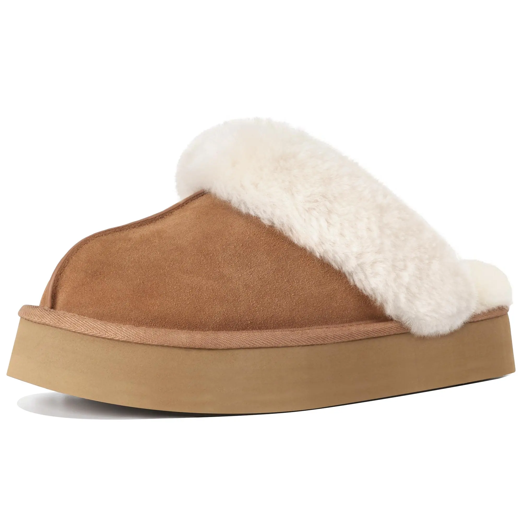 OOW Women Fuzzy Platform Slippers - Women's Casual Winter House Slippers - Brown, Faux Fur & Shearling Blend - Women's Size
