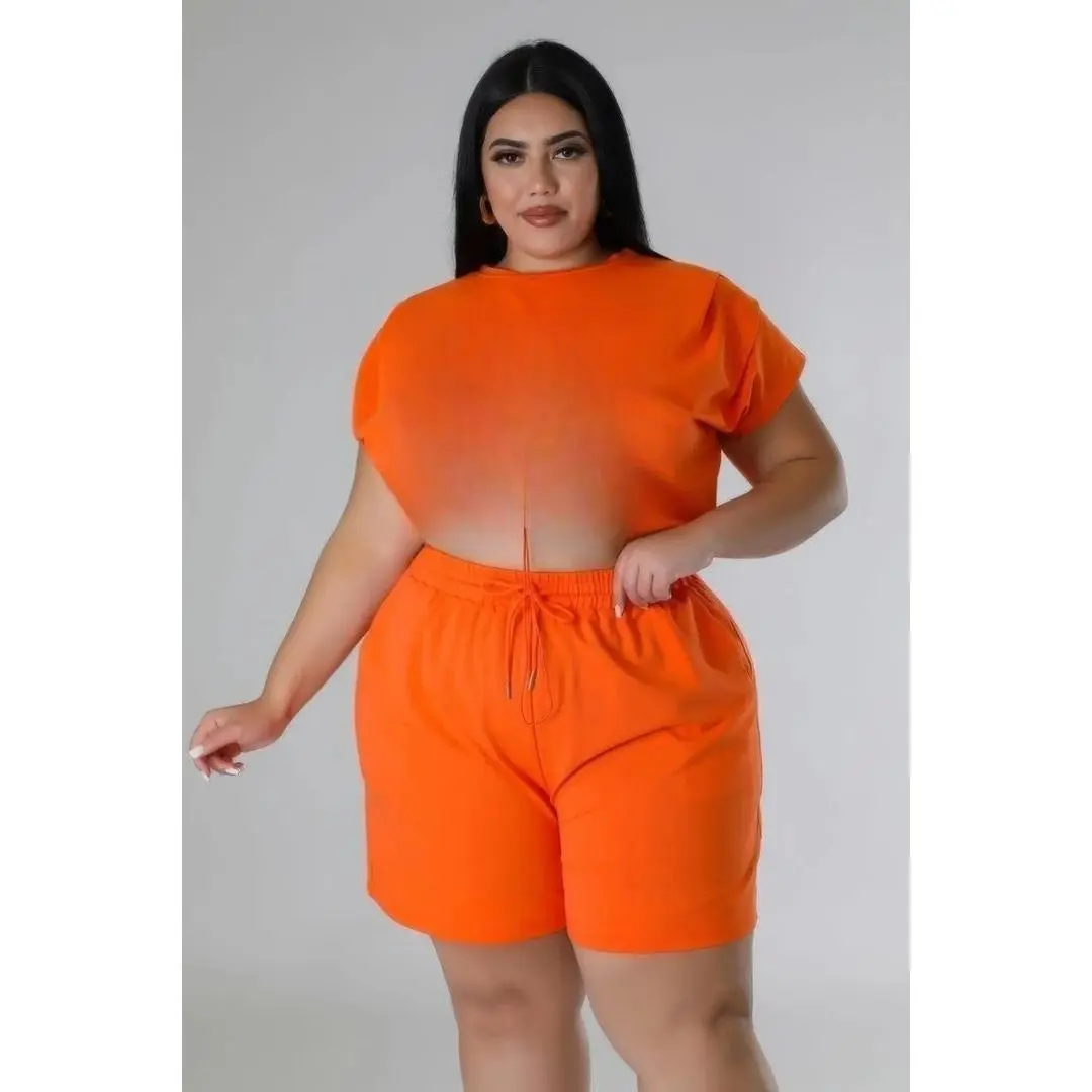 Wild Life Stretch Short Set - Orange, 1XL, 2XL, 3XL, High-Waisted Shorts with Elastic Waistband, Drawstring & Multiple Pockets - Fabric, Comfort