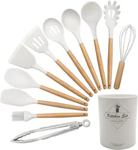 Kitchen Utensils Set of 12, Silicone Cooking Utensils with Non-Slip Wooden Handle and Organizer Bucket, 446°F Heat Resistant Cookware Utensils Set (Cream White) Metal Hanging Holes Pasta Plastic