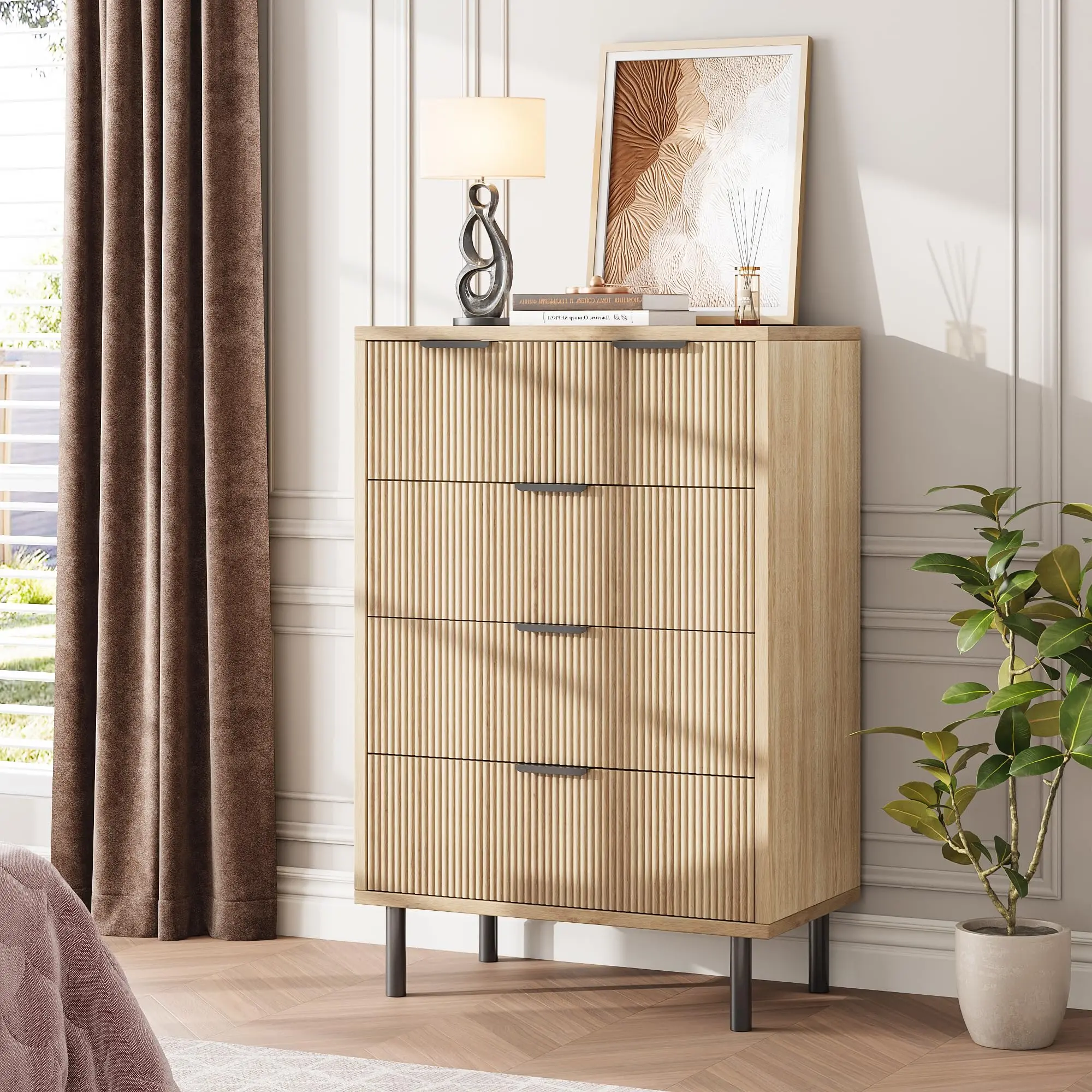 Modern Fluted 5 Drawer Wooden Dresser, Tall Bedroom Storage Chest with Metal Legs, Spacious Deep Organizer Cabinet with Anti-Tipping Safety Feature, Multipurpose Furniture for Hallway Nursery Closet, White & Black Available,dorm essentials,home decor Draw