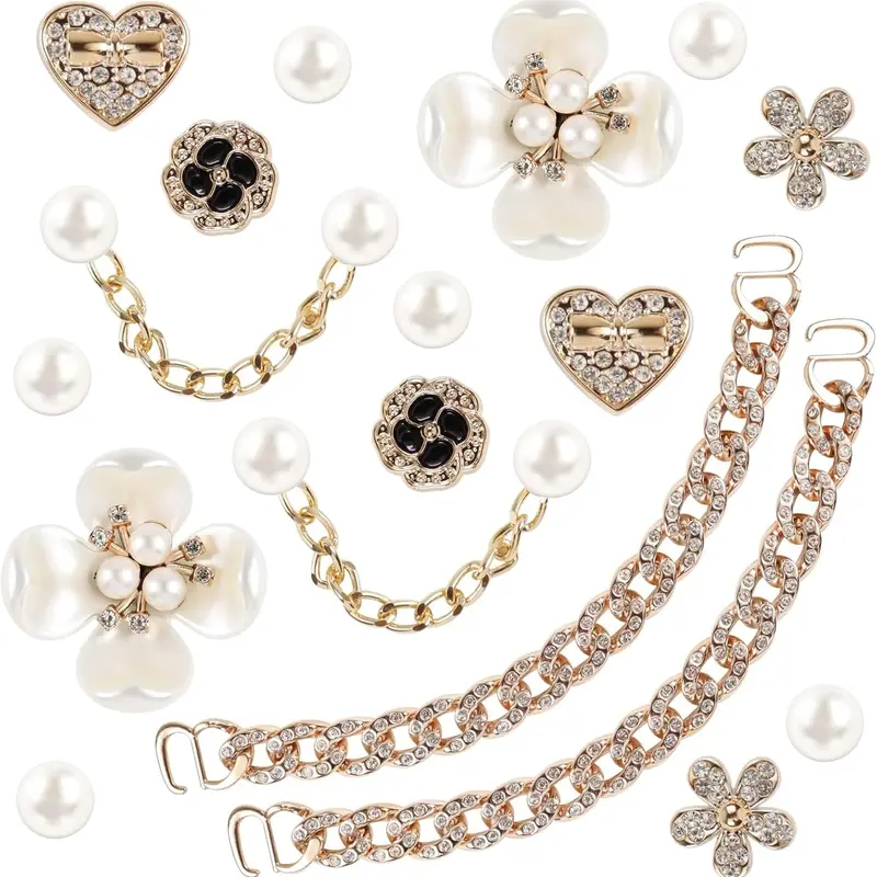 Luxury Pearl & Chain Shoe Charms Set DIY Bling Accessories for Crocs Bags Gifts for Women Girls Floral Design Versatile Stylish