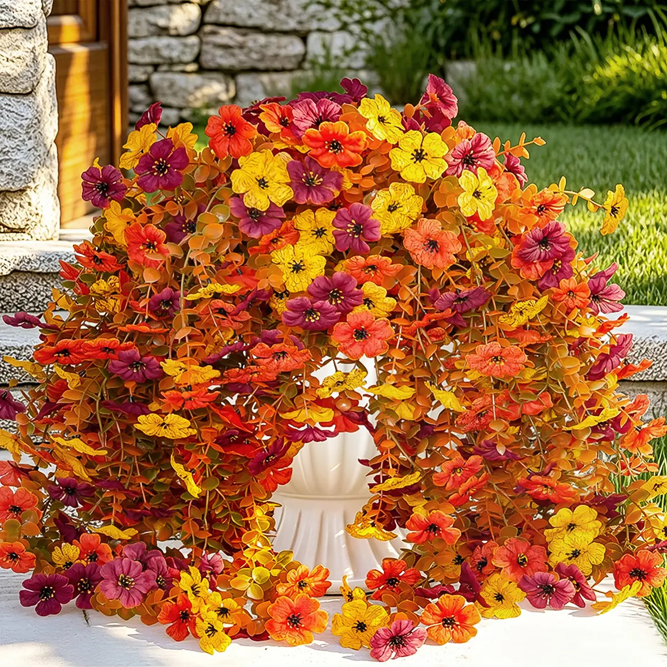 8 Pcs Artificial Fake Hanging Flowers Plants for Outdoor Fall Decoration,Faux Silk Daisy with Eucalyptus Leaves,UV Resistant Look Real for Outside Home Indoor Planter Porch Patio Yard Autumn Decor