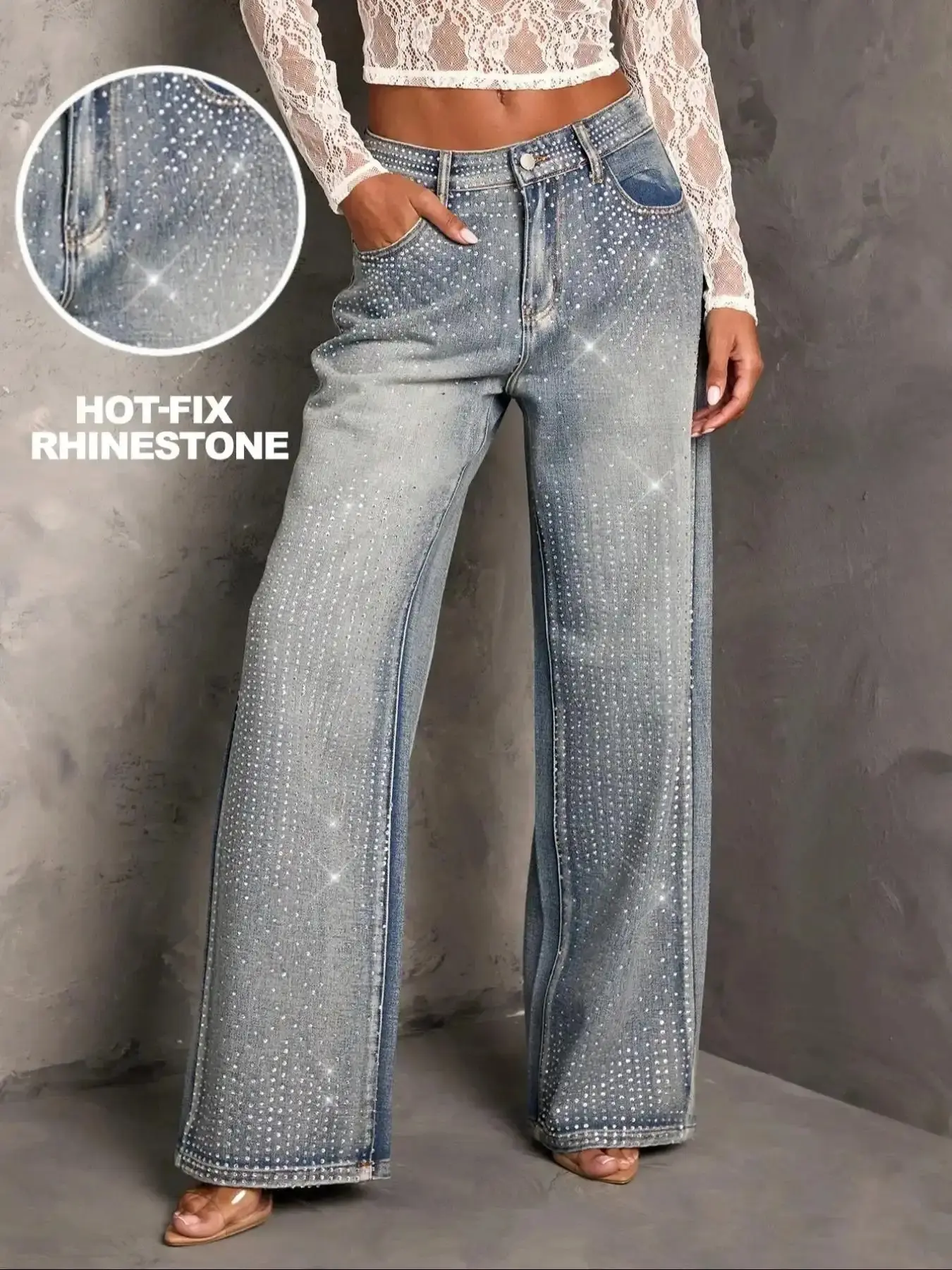 Women's Elegant Classy Bohemian Light Wash Denim Jean Wide Leg Pants, Fashion Denim Jeans, Casual, Street Style Streetwear Sparkle, Pocket Button Zipper, Formal Evening Wear, All Seasons, Womenswear