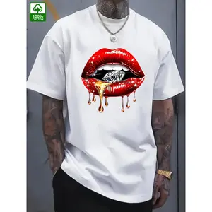 Men's Black Cotton T-Shirt with Red Lips & Diamond Print – Casual Summer Tee for Casual Attire, Machine Washable, Round Neck, Short Sleeve, Outdoor Clothing |       Stylish Casual Shirt |       Comfortable Knitwear fathersdaygifts