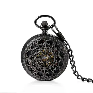 OIDEA Hollow Mechanical Pocket Watch, Openwork Roman Numeral Dial, Short Fob Chain, Alloy Case with Gift Box, Vintage for Men Women