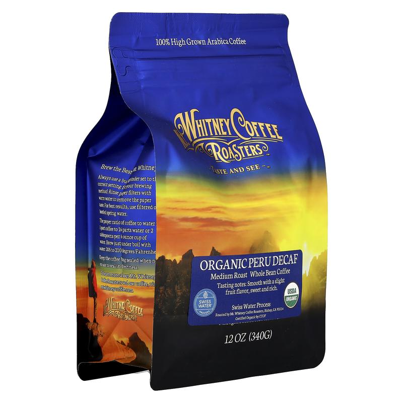 Mt. Whitney Coffee Roasters Organic Peru Decaf, Whole Bean, Medium Roast, 12 oz (340 g)