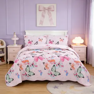 Pink Butterfly Quilt Bedspread Set for Girl Kid Adult Colorful Butterfly Pattern Bedding Set Aesthetics Butterflies Quilt Bed Set Twin Size with 1 Comforter and 2 Pillowcases