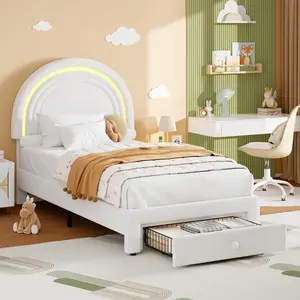 Twin Upholstered LED Bed Frame-with Storage Drawer and Rainbow Headboard, Berber Fleece Princess Platform Bed for Kids, Solid Wood Slat Support,White