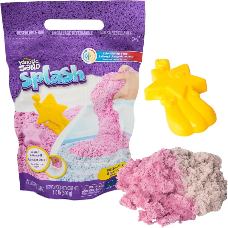 Splash, 1.5lb White-Pink Color-Change Play Sand & Character Mold, Resealable Bag, Toddler Toys, Kids Toys for Girls & Boys Ages 3 and up
