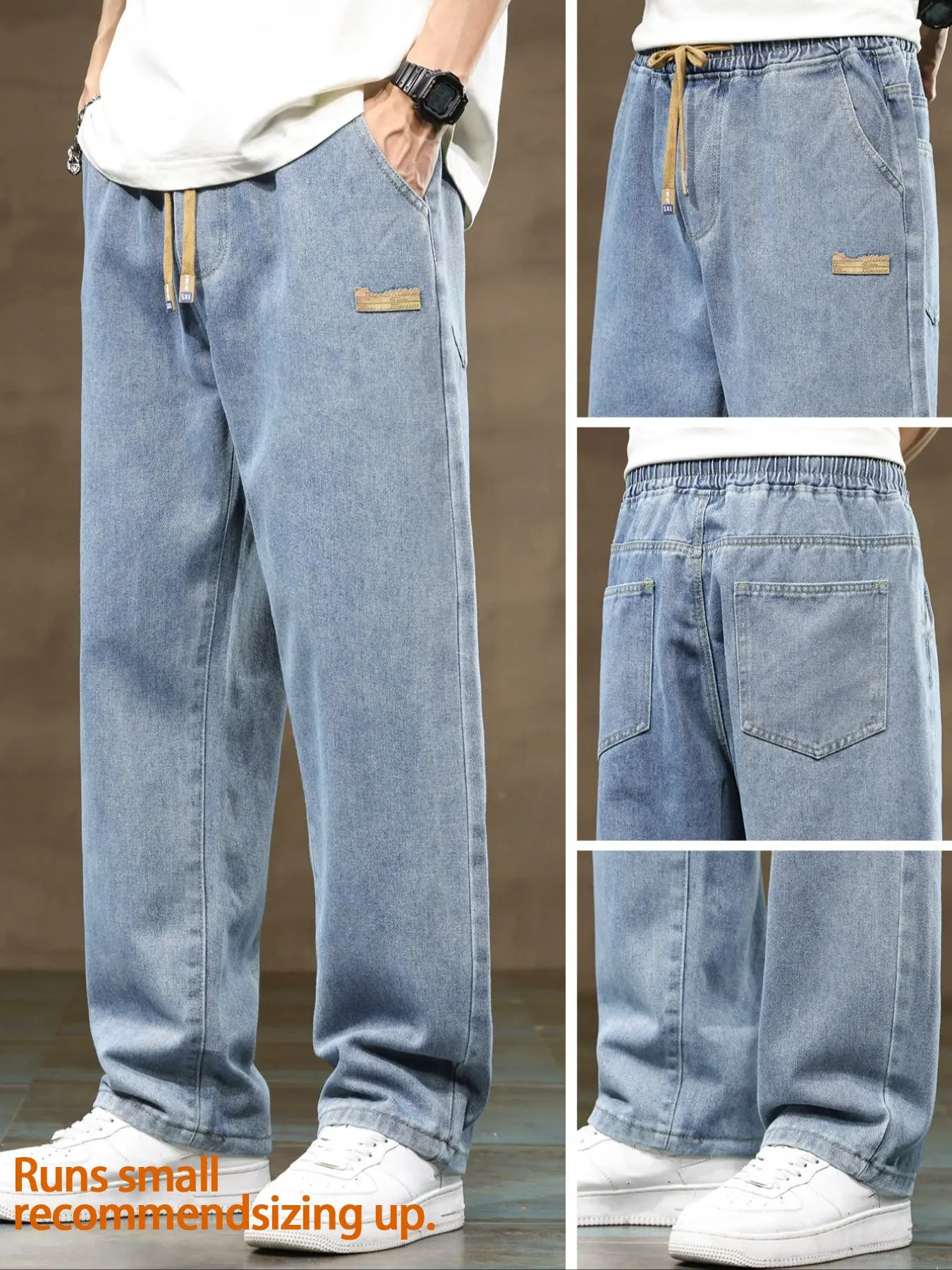 Men's drawstring elastic waist straight leg jeans, solid color Classic casual Streetwear versatile non stretch denim pants, Pocket, fit straight leg version, suitable for all seasons
