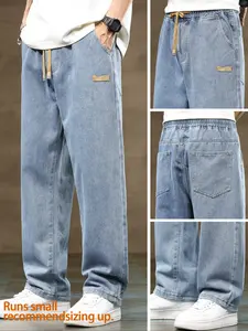 Men's drawstring elastic waist straight leg classic jeans, solid color casual versatile non stretch denim pants with Pocket, fit straight leg version, suitable for all seasons