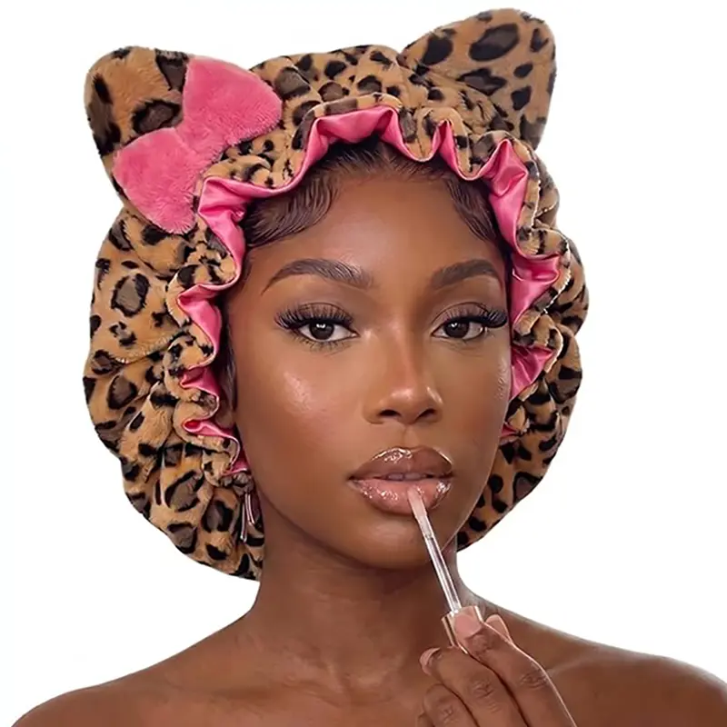 Women's Satin Lined Sleep Bonnet, Rose Red Leopard Print Plush Cap, Adjustable Breathable Cotton for Nightly Curly Hair Care, Haircare, Hair Protection, Adjustable Fit, Home/Travel, Plush Fabric