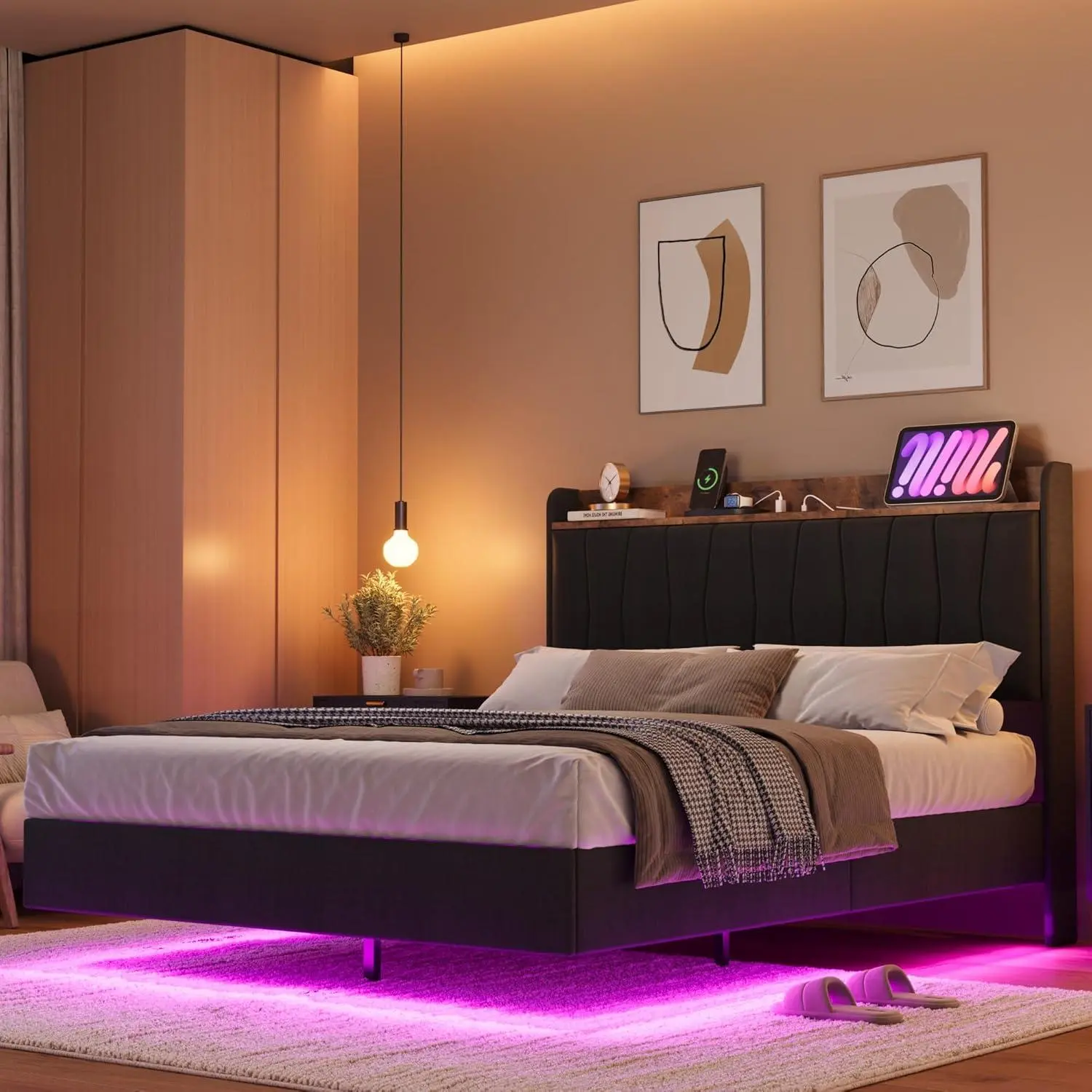 Full Floating Bed Frame with LED Lights  Charging Station No Box Spring Neede Easy to Assemble Black