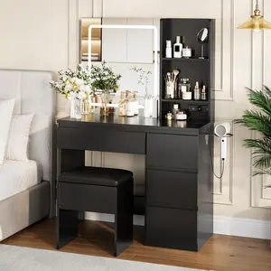 Garvee Vanity Desk with 23.6"x 25.8" Mirror, 3-Color LED Light, 4 Drawers, Power Outlet, Storage Stool, Shelves, Hair Dryer Holder - Black, Wood, White, Pink for Bedroom Makeup Setup