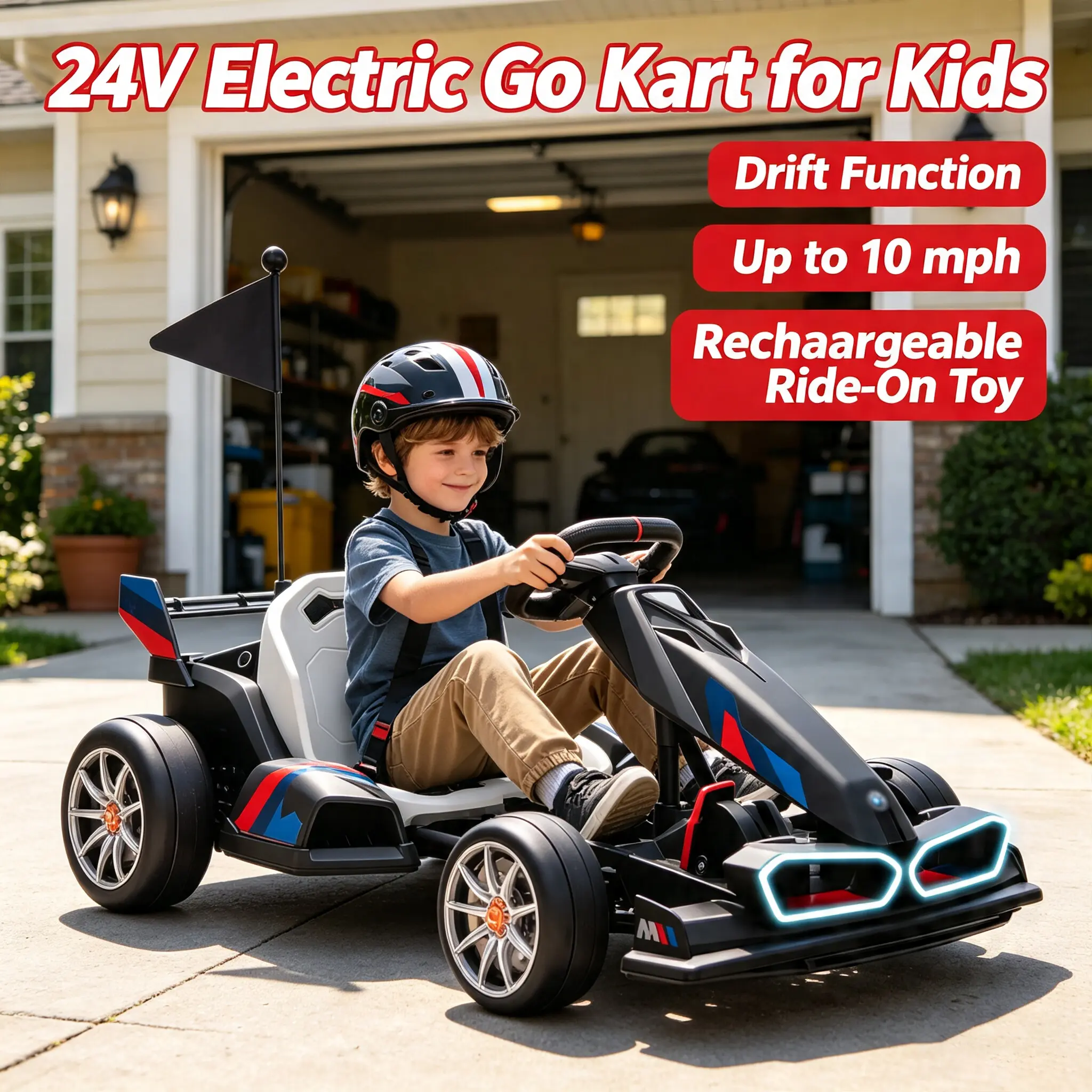 24V 36V Electric Go Kart with Adjustable Seat, Licensed Drift Kart with Dual 300W Motors, Crazy Go Cart for Kids Ages 6-12, Cool LED Lights, Drift Mode and 2 Speeds