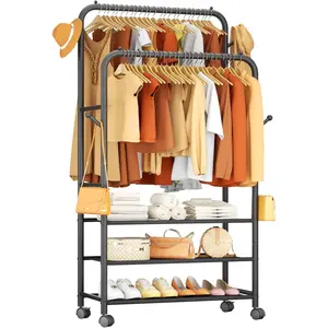 Steel Clothes Racks for Hanging Clothes Portable Rolling Garment Rack Sturdy Metal Freestanding Cloths Racks with Wheels Double Rods Wardrobe Rack for Bedroom Laundry Living Room 3-Tier Easy Assembly Durable Heavy-Duty Construction - Tool