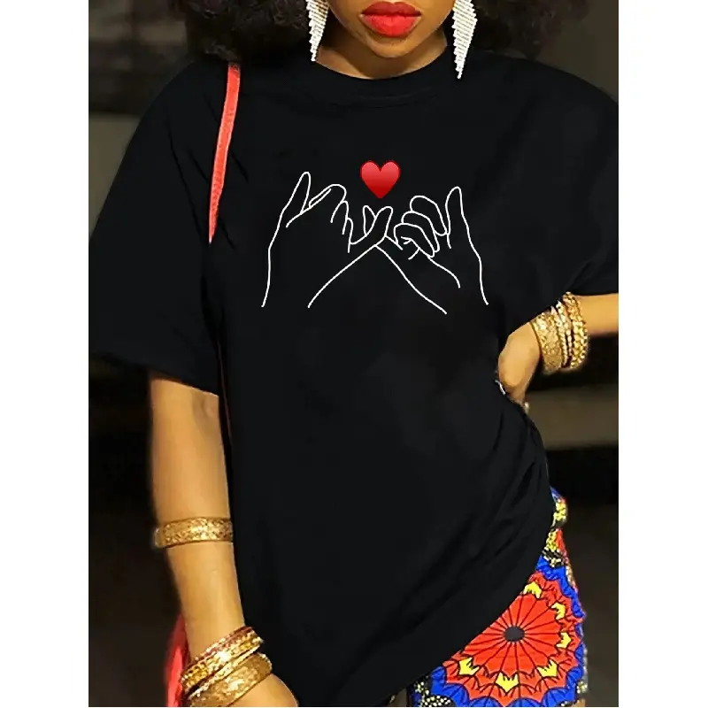 Women's Short-Sleeve Printed Heart T-Shirt - Casual Athletic Top, Soft Moisture-Wicking Stretchy Fabric, Sizes S-3XL, Shortsleeve