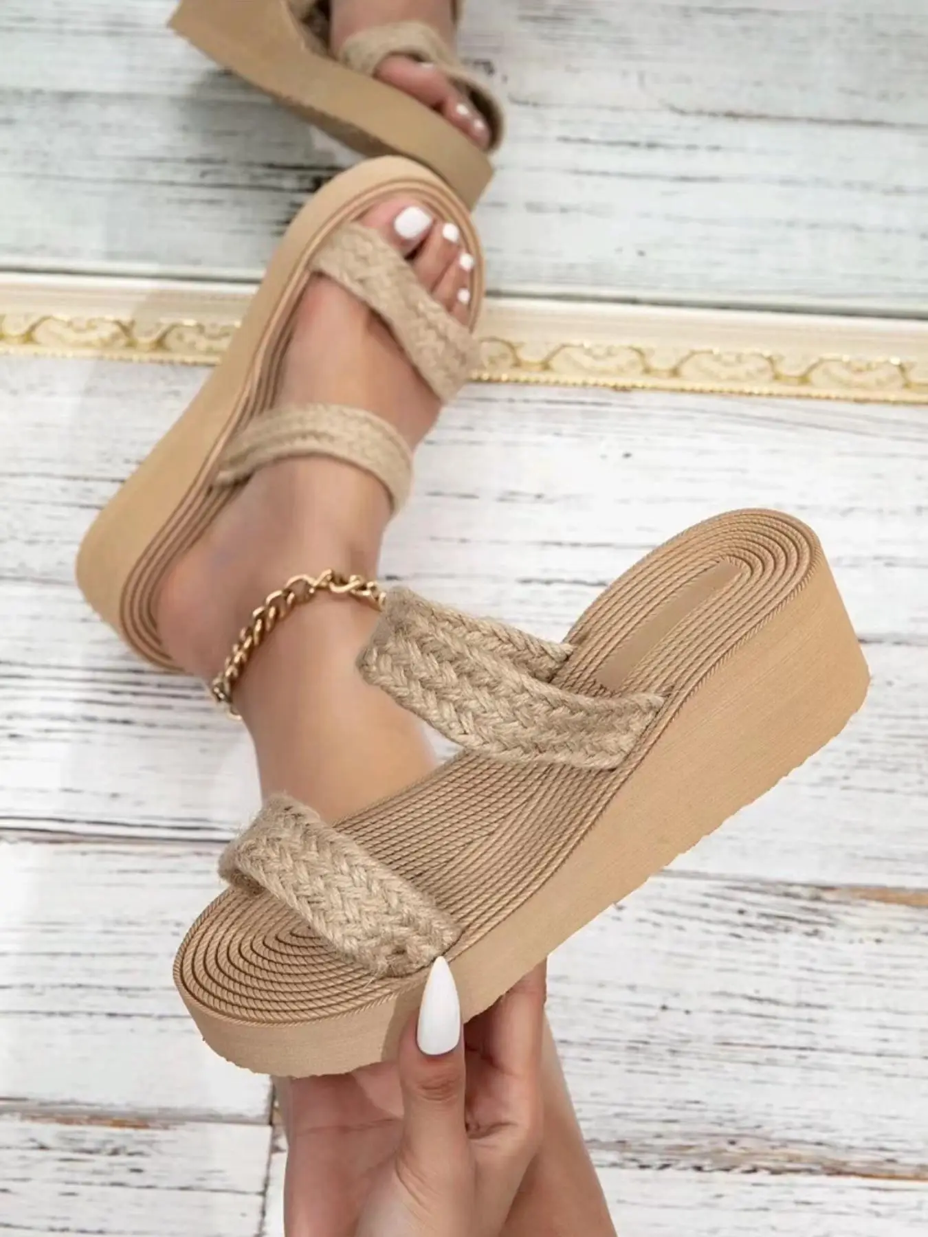 Women's Boho Braided Design Slide Sandals, 1 Pair Casual Trendy Wedge Espadrilles Shoes Sandals, Summer 2024 Fashion Two Strap Sandals for Beach Vacat