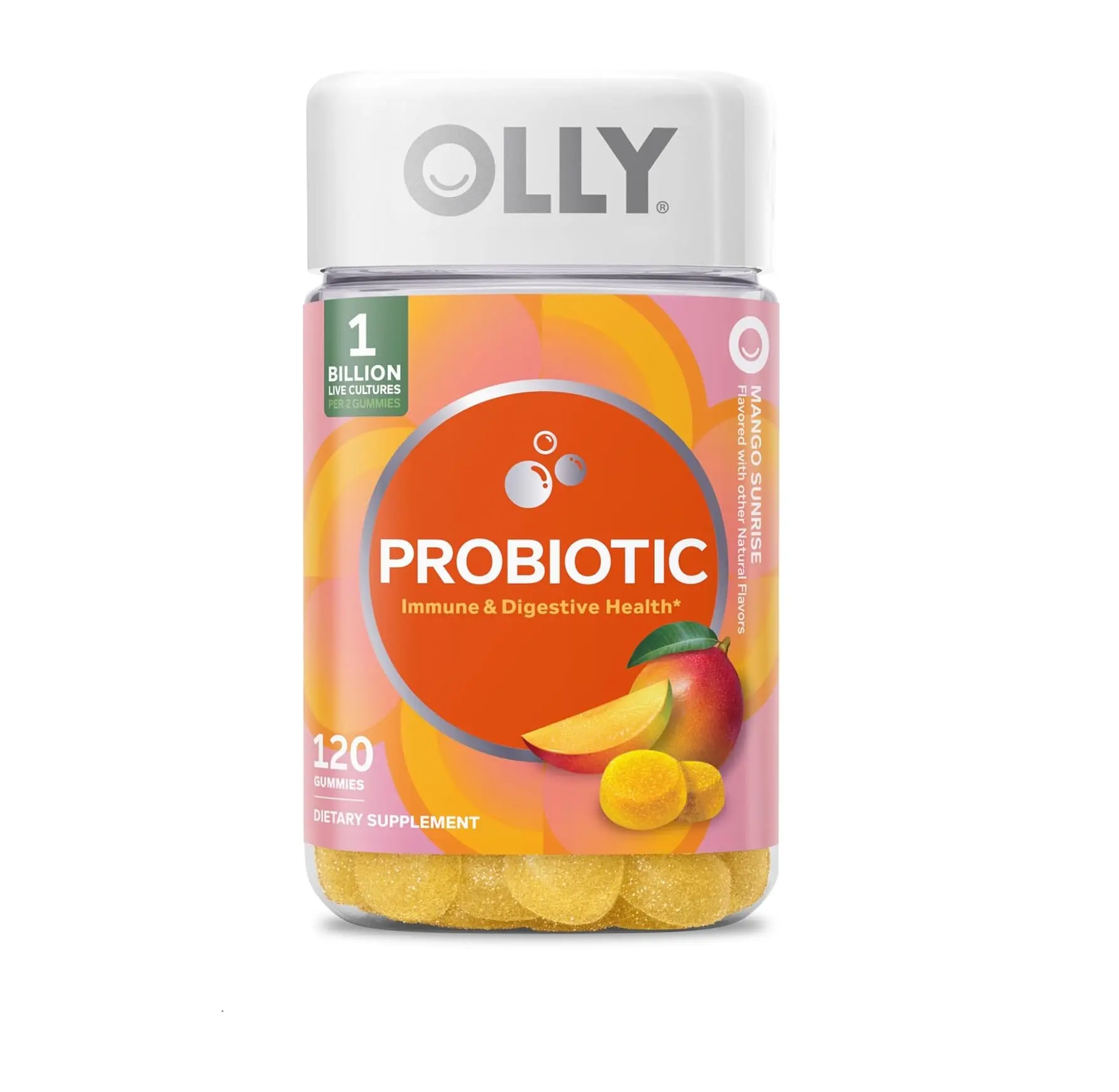 OLLY Probiotic Gummy, Immune and Digestive Support, 1 Billion CFUs, Chewable Probiotic Supplement, Mango, 60 Day Supply - 120 Count
